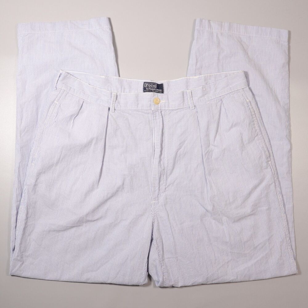 Polo Ralph Lauren Mens 36x30 Seersucker Derby Pants Blue Chino Pleat Made in USA